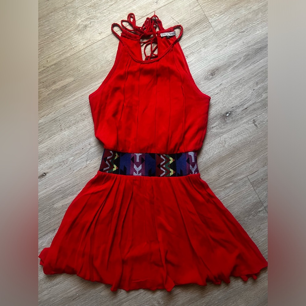Red Boho Dress with Tassels Open Back Aztec Waistband